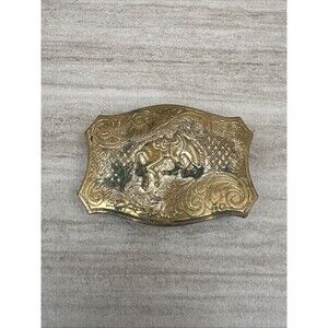 Vintage Bronco Horse Rodeo Belt Buckle Solid Brass Western Etched Cowboy